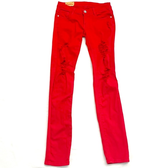 Machine Distressed Red Low Rise Jeans Denim - Picture 1 of 7